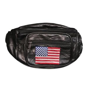 Black Leather Fanny Pack with American Flag Patch